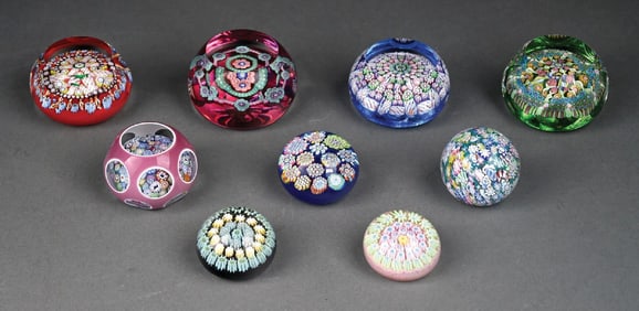 LOT OF 9: GLASS PAPERWEIGHTS