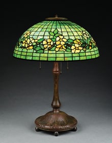 TIFFANY STUDIOS BANDED DOGWOOD LEADED GLASS TABLE LAMP