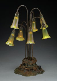 TIFFANY STUDIOS 7-LIGHT LILY LAMP W/ ART GLASS SHADES