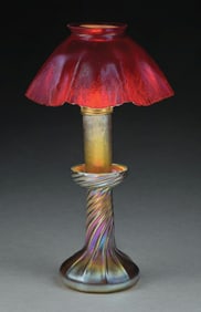 TIFFANY STUDIOS CANDLE LAMP W/ RARE RED SHADE