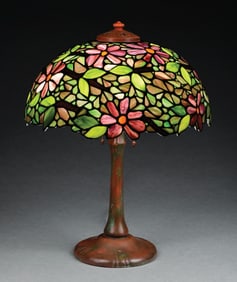 20TH CENTURY LEADED GLASS TABLE LAMP W/ HANDEL BASE