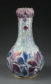 PAUL DACHSEL ENAMELED & IRIDESCENT STYLIZED WIND FLOWER VASE W/ RETICULATED TOP