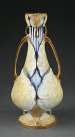 AMPHORA 2-HANDLED VASE W/ EXTRUDED FLOWERS & LEAVES AT BASE & TOP