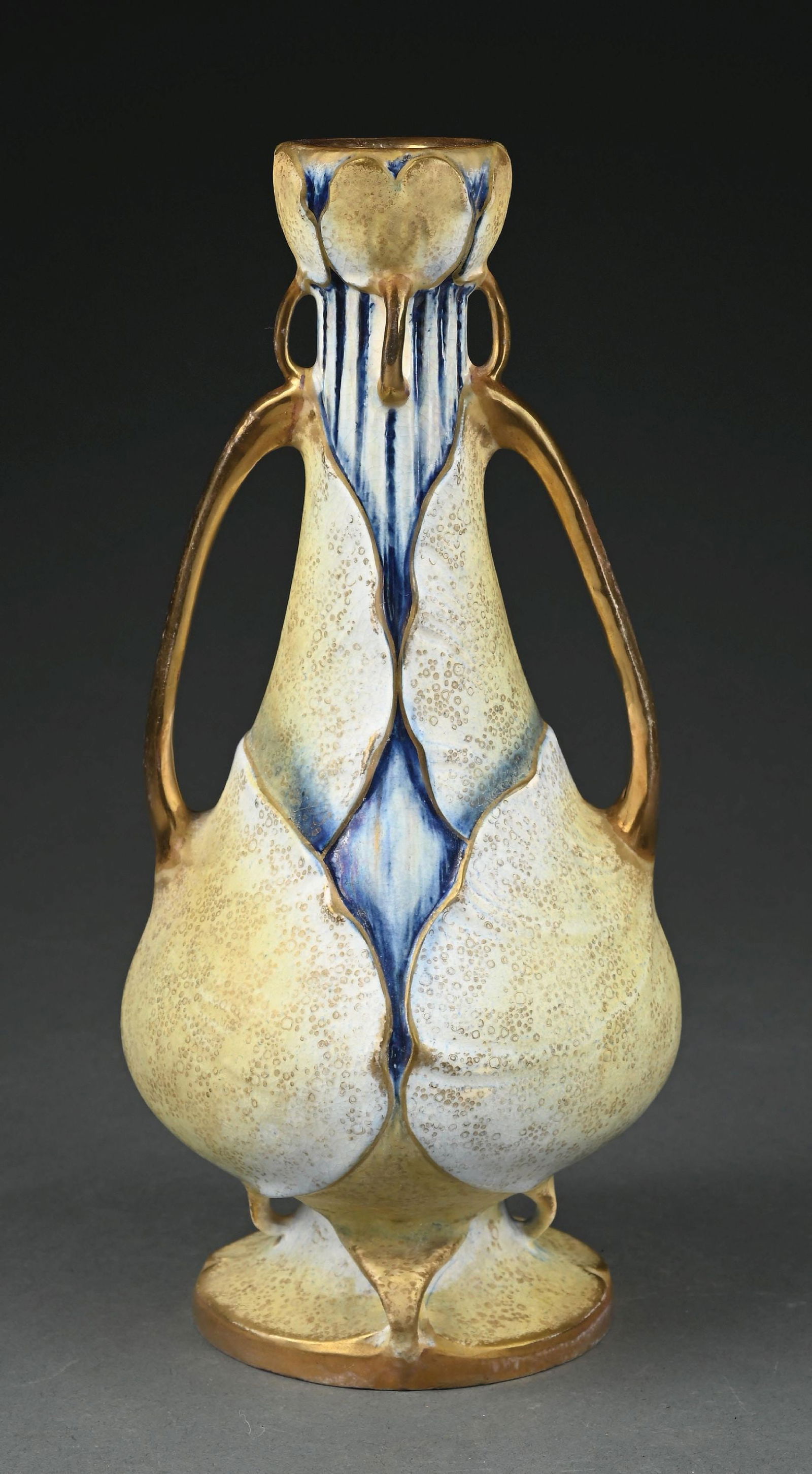 AMPHORA 2-HANDLED VASE W/ EXTRUDED FLOWERS & LEAVES AT BASE & TOP (1 of 6)