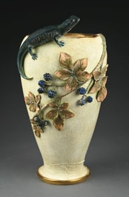 EDUARD STELLMACHER LIZARD VASE W/ APPLIED FLOWERS & FRUIT