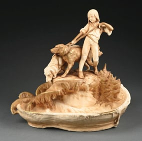 AMPHORA CENTERPIECE OF YOUNG BOY WALKING DOGS
