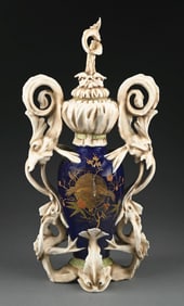 EARLY ALFRED STELLMACHER COMPANY ORNATELY DECORATED GLAZED AND POLYCHROMED ORIENTALIST STYLE URN, C.