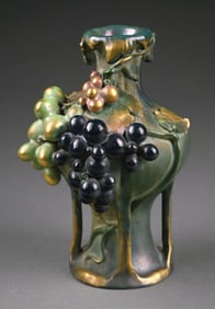 AMPHORA "EDDA" SEVRES IRIDIZED & ENAMEL ORGANIC VASE W/ APPLIED GRAPES