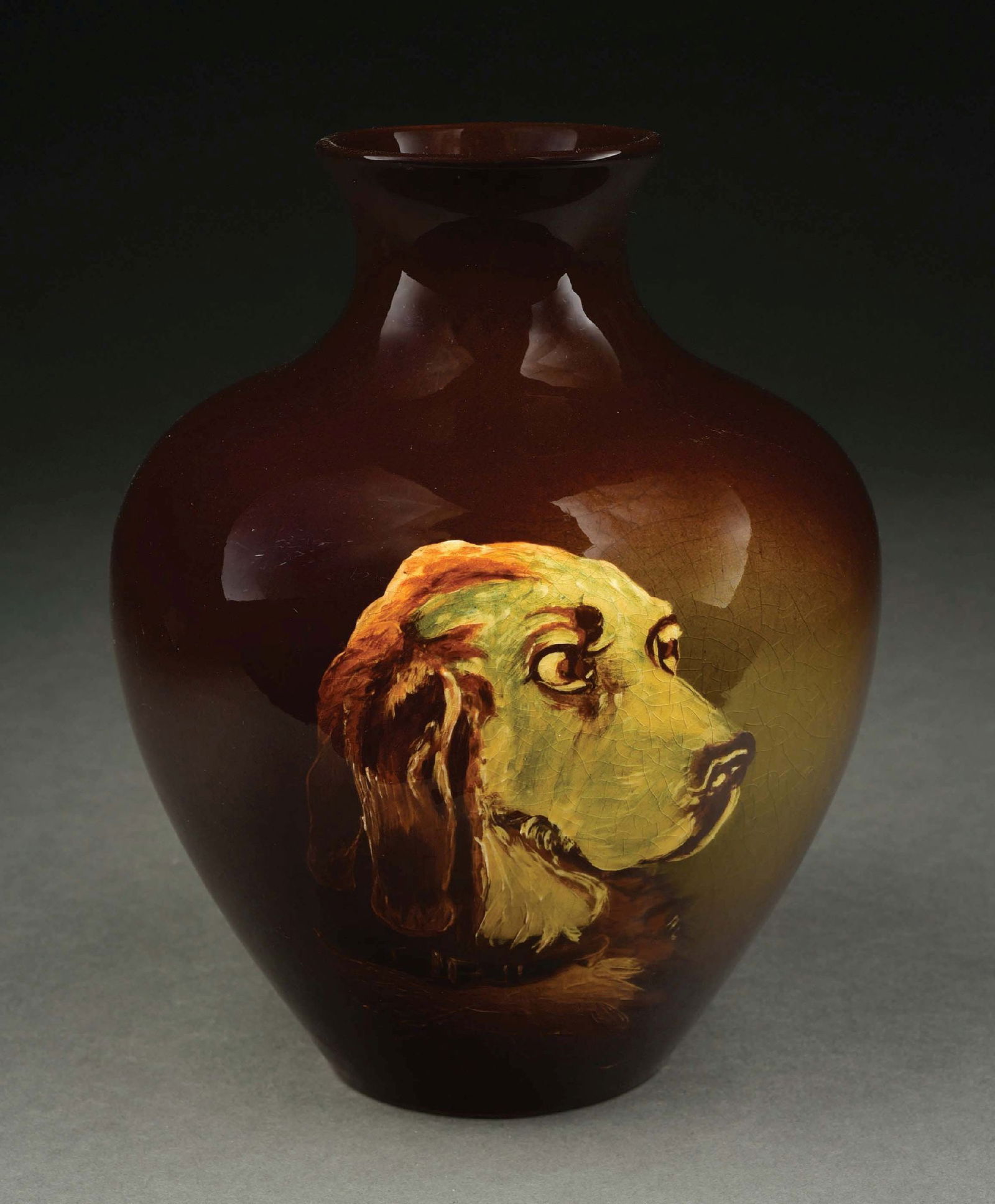 ANTIQUE CAMBRIDGE POTTERY SQUAT VASE WITH PAINTED DOG (1 of 6)