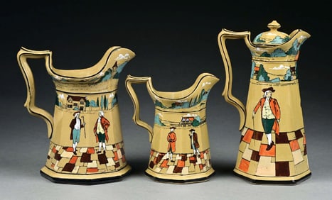 BUFFALO POTTERY DELDARE WARE CHOCOLATE POT AND PITCHERS SET