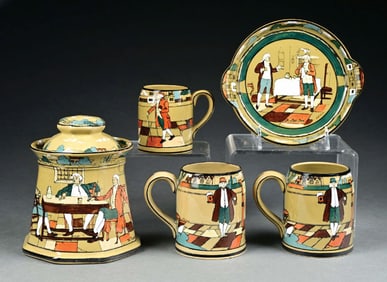 LOT OF 5: BUFFALO POTTERY DELDARE WARE MUGS, HUMIDOR AND CARD PLATE