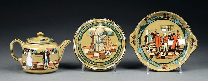 LOT OF 3: BUFFALO POTTERY DELDARE WARE TEAPOT, TEA TILE AND CARD PLATE