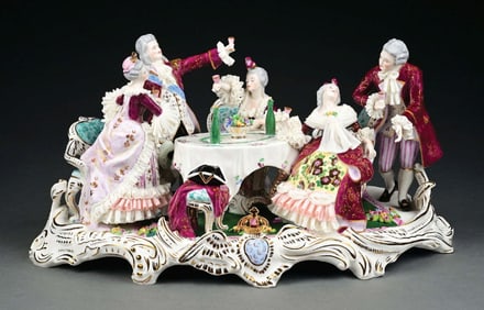 LARGE MULLER VOLKSTEDT IRISH DRESDEN LACE TAVERN SCENE PORCELAIN GROUP