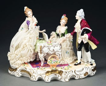 DRESDEN LADY AT PIANO PORCELAIN GROUP FIGURINE