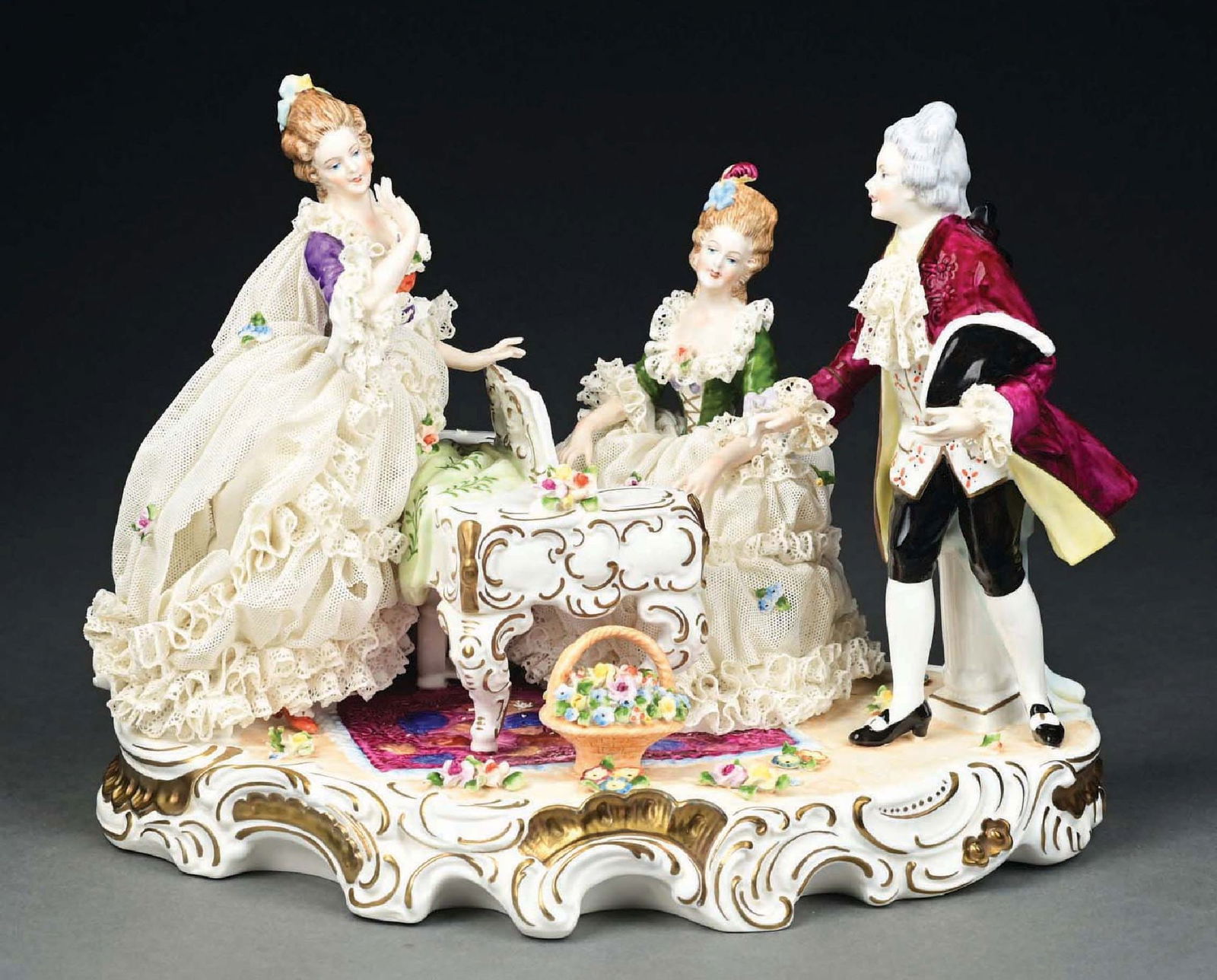 DRESDEN LADY AT PIANO PORCELAIN GROUP FIGURINE: Wonderful image of lady playing piano with two people standing. Has Dresden stamp under base. Broken pinky finger on lady and damage to lace. Condition: (Very Good-Excellent) Dimensions: 13" x 8 - 1/2