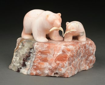 CRYSTAL CARVED BEARS WITH SALMON ON BASE