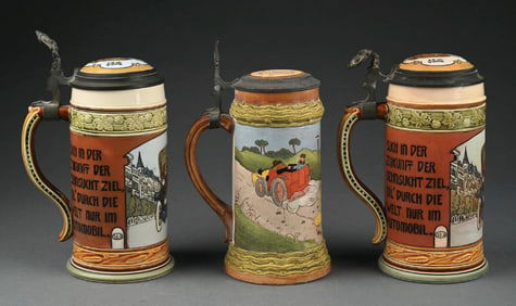 LOT OF 3: GERMAN STEINS WITH AUTOMOTIVE SCENES