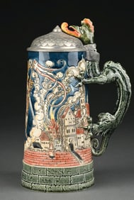 METTLACH DRAGON BURNING TOWN BEER STEIN NO. 1786