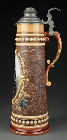 METTLACH MAN DRINKING ON BARREL CERAMIC STEIN NUMBERED 1494
