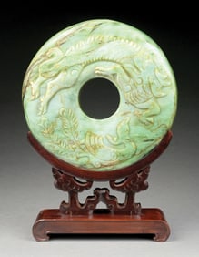 ASIAN JADE STONE EMBOSSED WITH KOI FISH W/ CARVED WOOD STAND