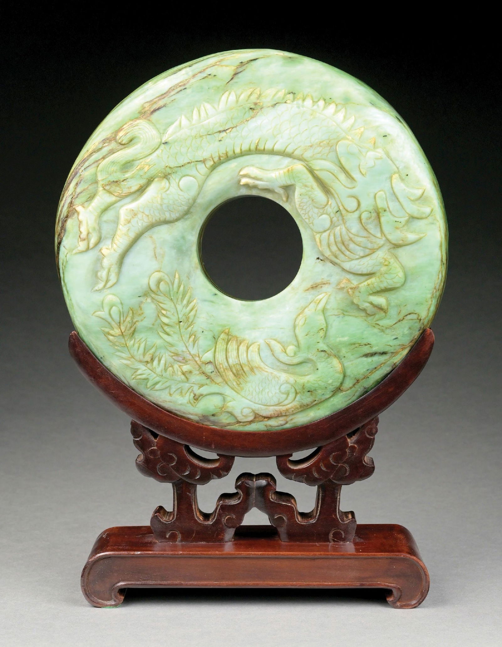 ASIAN JADE STONE EMBOSSED WITH KOI FISH W/ CARVED WOOD STAND (1 of 4)