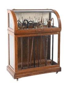 CURVED GLASS LARGE WOODEN CANE DISPLAY CABINET