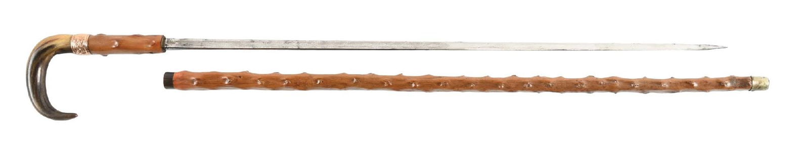 ANTIQUE GADGET SWORD CANE WITH BONE HANDLE: Beautiful early sword cane with bone handle. Gold plate band at top. Condition: (Excellent). Dimensions: 35 - 1/2" length