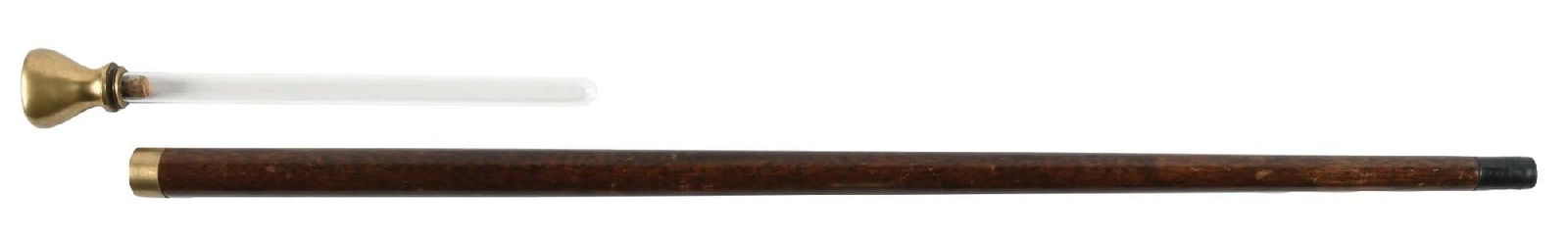 ANTIQUE MCCORMICK DISTILLING COMPANY CANE WITH GLASS TUBE FLASK: Nice early flask cane for McCormick distilling. Early 1900s. Condition: (Excellent). Dimensions: 35 - 1/2" length