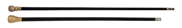 LOT OF 2: ANTIQUE WALKING STICK CANES W/ GOLD-PLATED HANDLES