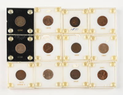 COLLECTION OF 12: EARLY CENTS: (A) Two flying eagles. (B) Eight Indian Heads. (C) Two Lincolns. All in Very Good to MS60 condition. Condition: Dimensions: