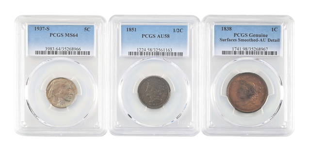 LOT OF 3: ASSORTED COINS 1838 1C, 1937-S 5C & 1851 .5C: (A) An 1851 PCGS AU58 Half-Cent. (B) An 1838 PCGS Genuine Large Cent. (C) A 1937-S PCGS MS64 Buffalo Nickel. Condition: Dimensions: