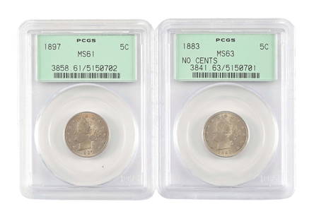 LOT OF 2: LIBERTY NICKELS: (A) An 1883 PCGS MS63. (B) An 1897 PCGS MS61. Condition: Dimensions: