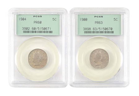 LOT OF 2: PROOF LIBERTY V NICKELS: 1904 PR60 & 1900- PR63. Condition: Dimensions: