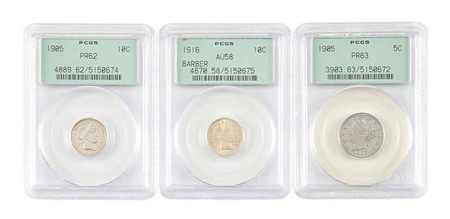 LOT OF 3: COINS: (A) A 1905 PCGS PR63 Nickel. (B) A 1905 PCGS PR62 Dime. (C) A 1916 PCGS AU58 Dime. Condition: Dimensions: