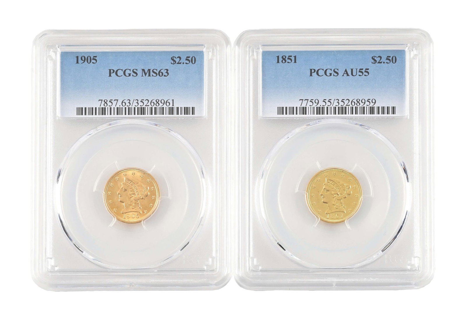 LOT OF 2: 1851 AU55 & 1905 MS63 $2.50 LIBERTY HEAD GOLD COIN: Condition: Dimensions: