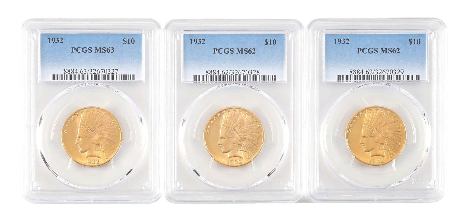 LOT OF 3: 1932 MS62, MS62, MS63 $10 INDIAN HEAD GOLD COINS (1 of 2)