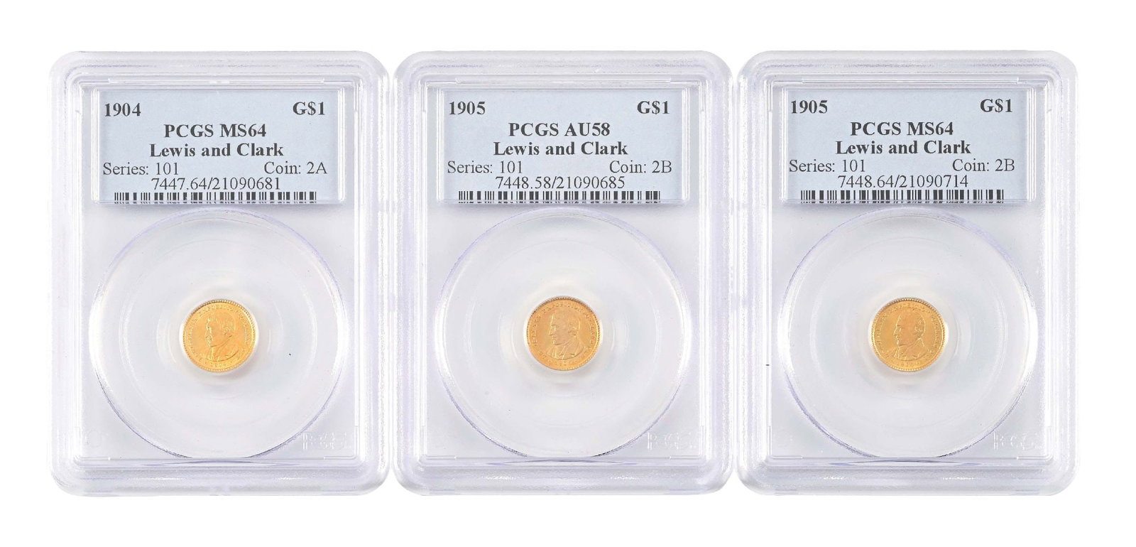 LOT OF 3: GOLD COMMEMORATIVE PIECES: (A) A 1904 PCGS MS64 Lewis & Clark $1. (B) A 1905 PCGS AU58 Lewis & Clark $1. (C) A 1905 PCGS MS64 Lewis & Clark $1. Condition: Dimensions: