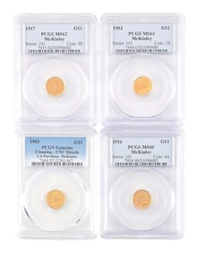 LOT OF 4:SLABBED MCKINLEY GOLD DOLLARS, VARIOUS YEARS