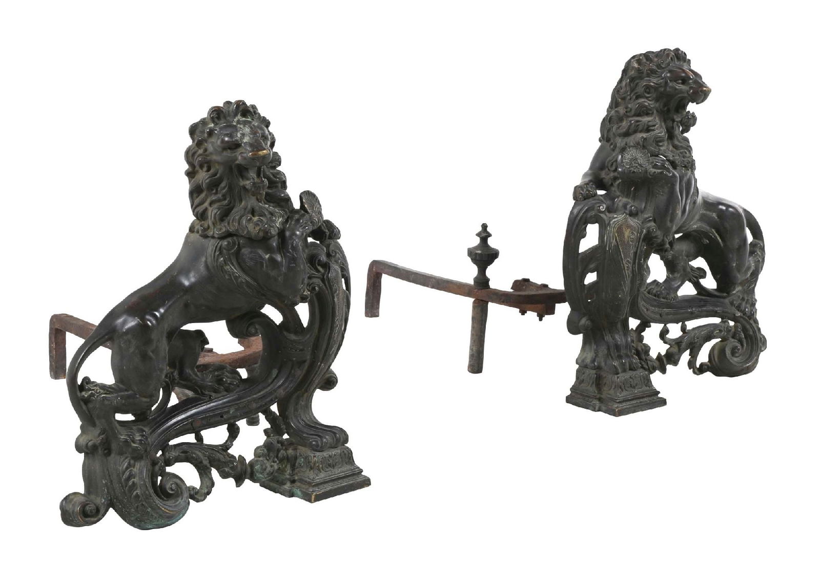 PAIR OF BONZE LION ANDIRONS: C. 1880s functional pair of bronze lion andirons with ornate details. This is not a standard shippable item and will require 3rd party shipping or pickup arrangements to be made. Condition: (Excellent