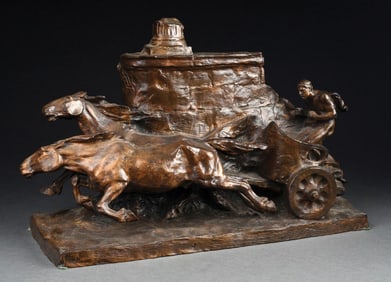 LARGE BRONZE OF MAN ON CHARIOT W/ 2 HORSES