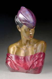 PATRICK NAGEL (AMERICAN, 1945-1984): Carol polychromed bronze sculpture signed "Nagel", "DUMAS, MIRAGE EDITIONS INC., 1984" and numbered 116/180 11 x 10 x 20 in. (27.9 x 25.4 x 50.8 cm) Condition Near mint. This is not a standard shippab