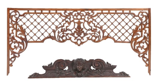 LOT OF 2: MAHOGANY FRETWORK AND DOOR CREST