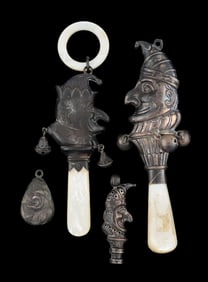 LOT OF 4: PEARL HANDLED PUNCH RATTLES AND TWO TOPPERS