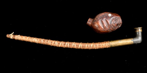 LOT OF 2: ALASKAN EARLY 20TH CENTURY TLINGIT CARVED SNAKE HEAD & SINEW/WOODEN PIPE