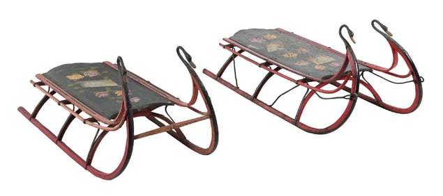 LOT OF 2: WOODEN HAND PAINTED FLORAL SLEDS WITH GEESE FINIALS