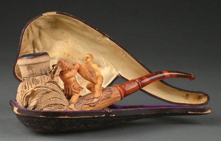 CARVED PIPE, FIGHTING INDIANS W/ CASE