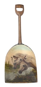 1887 PAINTED WOOD SHOVEL WITH HORSES SCENE