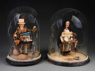 PAIR OF EARLY 19TH C. ENGLISH PEDDLER DOLLS UNDER DOMES