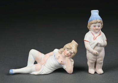 ANTIQUE GERMAN BISQUE NAUGHTY LADY AND LITTLE BOY FIGURES