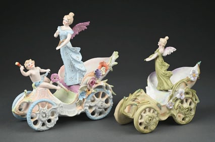 LOT OF 2:BISQUE FIGURES IN AUTOMOBILES